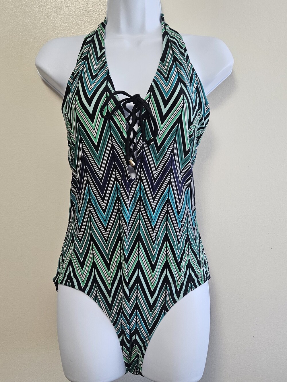 Old Navy Plunging Zig Zag One Piece Lace Up Swim Halter Full Coverage Women Med
